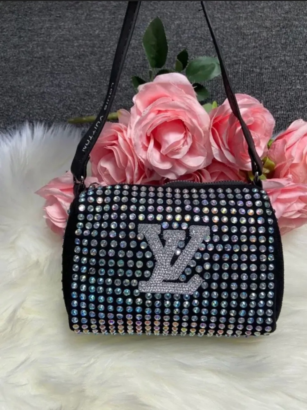 Mini-Crystal-Embellished Black Studded Women's Crossbody Bag